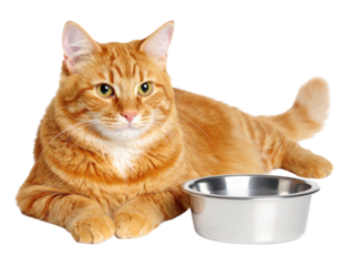 An orange tabby cat lies beside a metal food bowl, gazing forward with alert eyes.