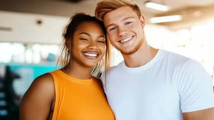 Smiling young caucasian male and african female friends posing together in a gym setting - Powered by Adobe