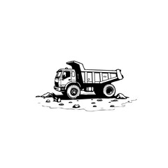 Naklejka premium Monochrome sketch of a dump truck on construction site perfect for designs