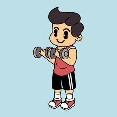 A Funny Boy athlete lifting a dumbbell for fitness and muscle building in a retro cartoon character mascot illustration