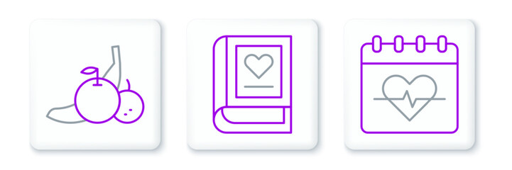 Fototapeta premium Set line Heart rate, Fruit and Medical book icon. Vector