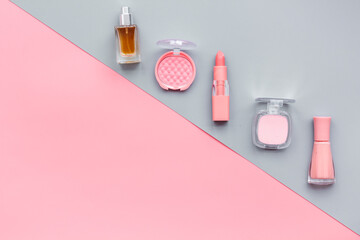 Brown pink shade cosmetic products for makeup. Beauty background