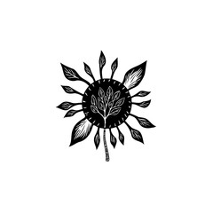 Stylized plant illustration in black and white with radial leaf arrangement