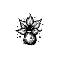 Monochrome vector illustration of a potion bottle with leaves for mystical design