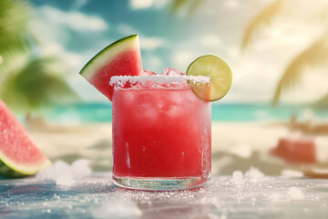 Close-up of a vibrant red watermelon drink served in a glass, evoking freshness and thirst quenching appeal, concept of summer refreshment and seasonal beverage.