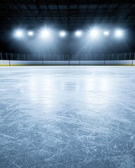Ice Hockey Rink Surface Under Dramatic Lighting with Reflections and Clear Skating Marks