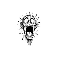 Expressive Scary Cartoon Head with Open Mouth Illustration in Black and White