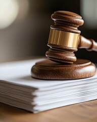 Wooden gavel resting on stack of legal documents symbolizing law, justice, and courtroom proceedings in a professional setting