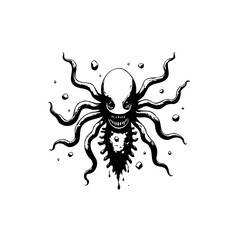 Spooky sea creature illustration: A black and white octopus with a scary face