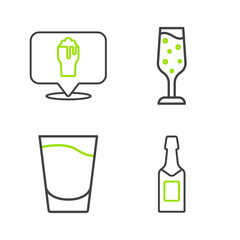 Set line Champagne bottle, Shot glass, Glass of champagne and Alcohol or beer bar location icon. Vector