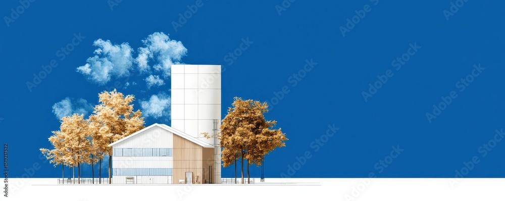 Poster modern building with a tall white tower, surrounded by autumn trees and set against a clear blue sky