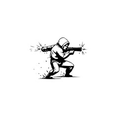 Obraz premium Stylized monochrome illustration of a hooded figure with a gun in action