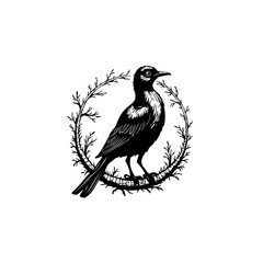 Elegant black and white drawing of a bird perched in a thorny wreath illustration