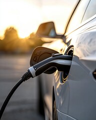 Electric Car Charging at Sunset: Eco-Friendly Vehicle Power Station for Sustainable Future and Renewable Energy Transition