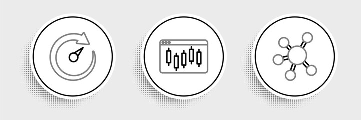 Set line Project team base, Digital speed meter and Browser with stocks market icon. Vector