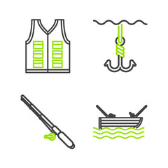 Set line Fishing boat with fishing rod on water, hook under and jacket icon. Vector