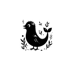 Whimsical bird illustration in black and white, charming and playfully designed
