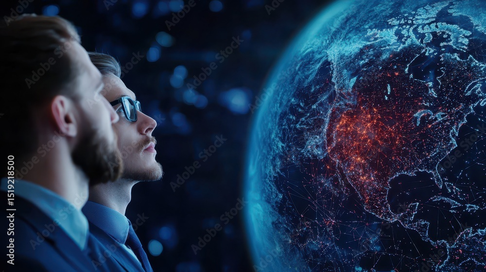 Poster Two men in suits observe a digitally connected Earth, highlighting global networks and technology.