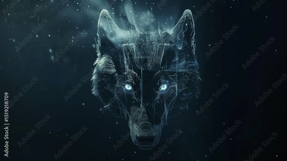 Poster this glowing wolf hologram floats delicately in a dark space, creating a serene digital ambiance.
