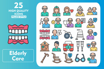 Elderly Care Line Filled Icon Set. Incleded Icons Senior, Gymnast, Crutch, Life Insurance, Cane, Rocking Chair, Pension, Glasses. Vector Icons Collection