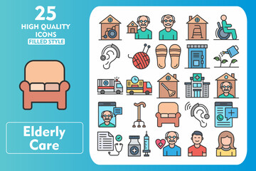 Elderly Care Line Filled Icon Set. Incleded Icons Nursing Home, Hospice, Elder People, Retirement Home, Disability, Hearing Aid, Knitting. Vector Icons Collection