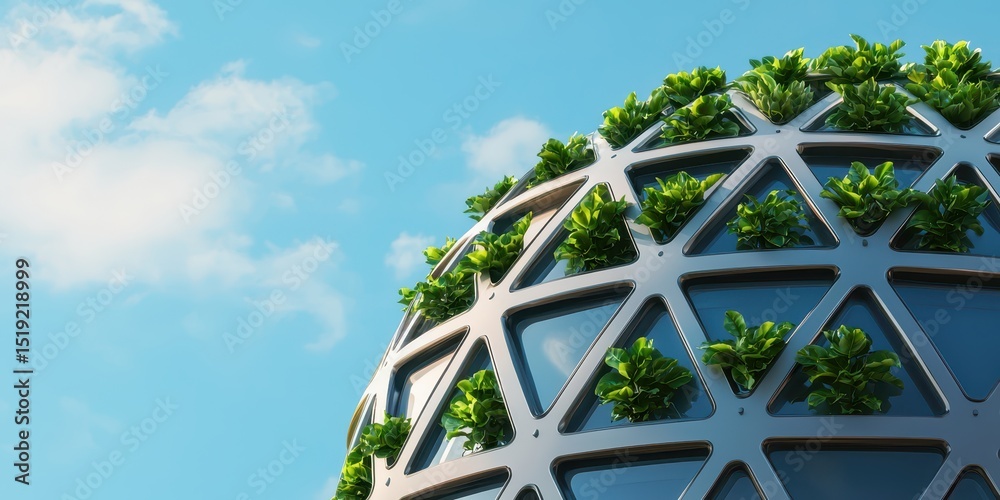 Poster a futuristic geodesic dome structure with integrated greenery, set against a bright blue sky with sc