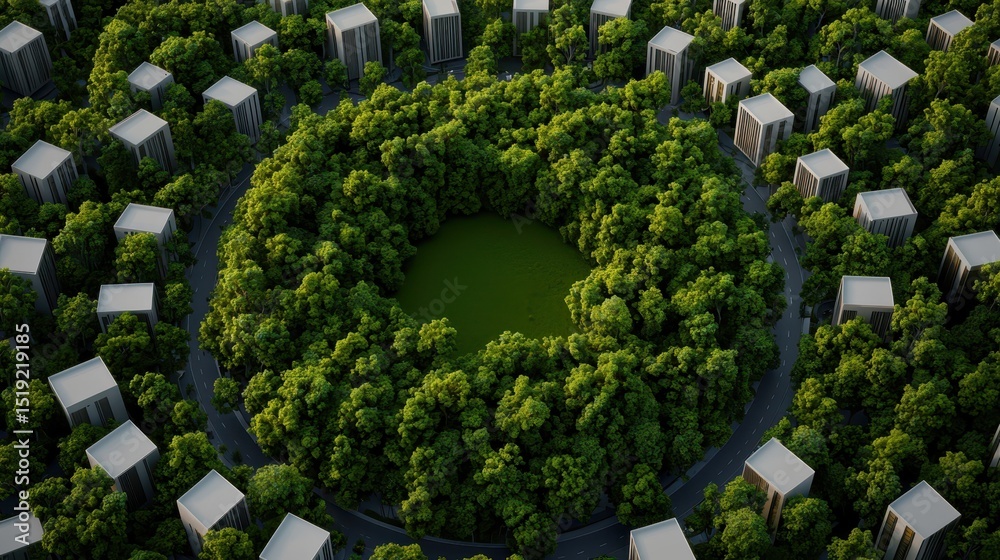 Poster aerial view of modern buildings arranged in circles around a dense green forest with a central clear