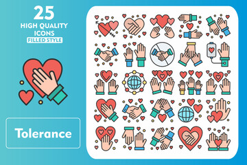 Obraz premium Tolerance Line Filled Icon Set. Incleded Icons Love, Unity, World, Volunteer, Tolerance, Teamwork, Together, Empathy, Heart. Vector Icons Collection