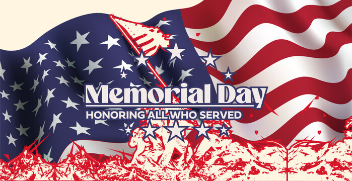 Bold red, white, and blue layouts for Memorial Day remembrance visuals and print-ready cards.