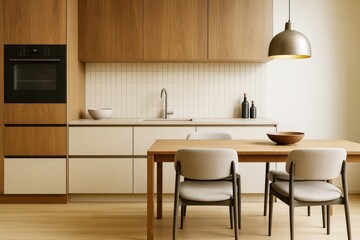 Fototapeta premium Modern minimalist kitchen interior with wood cabinetry, light tiles, and dining area under pendant lighting, showing elegant contemporary design concept.