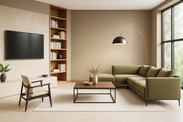 Fototapeta premium Modern living room interior with olive green sofa, wooden bookshelf, and large window in natural light on beige floor and neutral background wall.