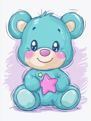 Fototapeta premium Cute blue bear with pink star
