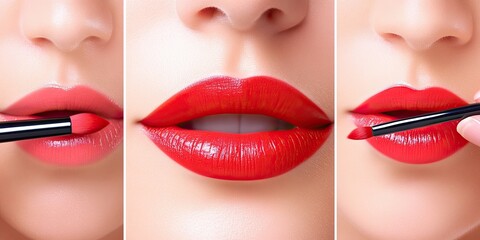 Naklejka premium Makeup artist applying red lipstick. Beautiful female face. Hand of makeup artist, painting lips of young girls