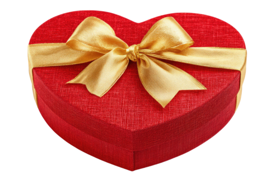 A red heart shaped box with a gold ribbon tied in a bow sitting on a black background in a studio shot