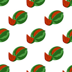 Seamless Cartoon Watermelon Fruit Pattern. Seamless pattern with whole cartoon watermelons and slices on white background. Flat style, bright green and red colors, simple repeat design.