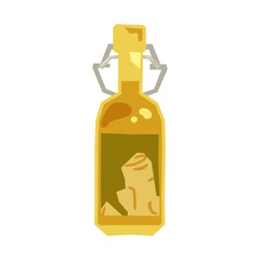 Cartoon Ginger Infusion Bottle Icon. Flat cartoon bottle with golden ginger infusion and visible ginger roots inside. Warm yellow palette, isolated on white background.