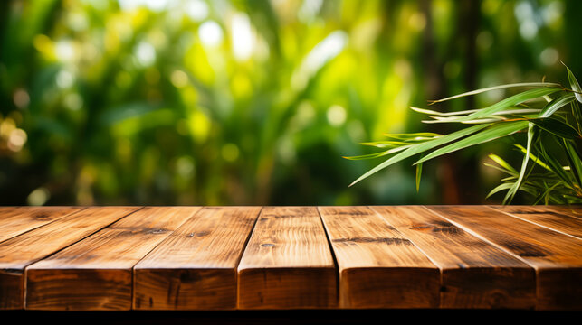 Wooden Table in a Verdant Oasis: A weathered wooden table takes center stage, its surface textured with character, as it's bathed in soft light, and surrounded by a lush.
