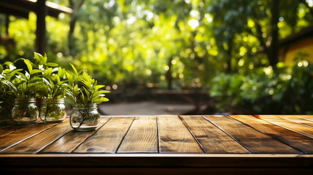 Wooden Table in Garden: A rustic wooden table sits center stage, showcasing its rich brown tones and natural wood grain. Small potted plants add a touch of greenery.