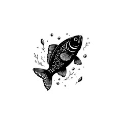 Monochrome illustration showcasing a fish swimming amidst aquatic elements elegantly