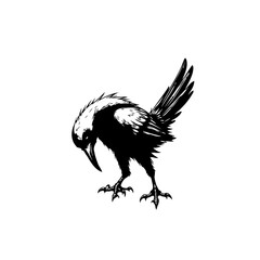 Monochrome illustration of a raven bending its head down in artistic expression