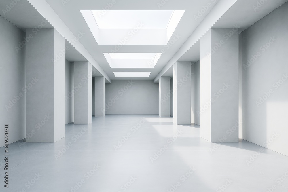 Poster Bright modern interior with skylights and columns in a minimal architectural space emphasizing contemporary design and natural light flow.