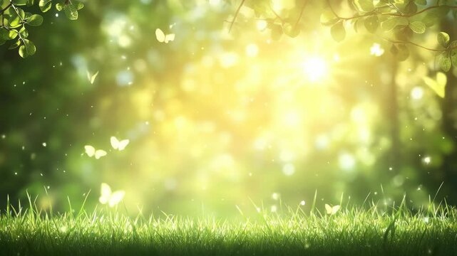 A serene nature scene with sunlight filtering through leaves, butterflies fluttering. Low-angle shot, ideal for a calming video backdrop. Live desktop wallpaper.