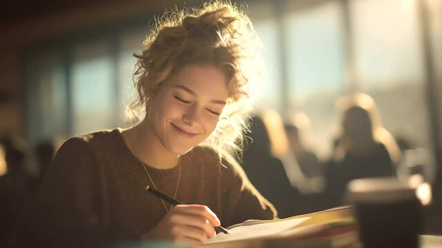 A woman writing poetry in a caf&eacute; with sunlight filtering in