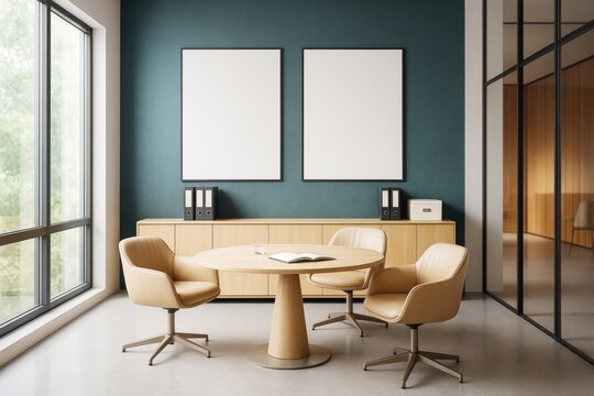 Modern office interior with round table, leather chairs, blank posters on teal wall, and wooden cabinet in clean contemporary design.
