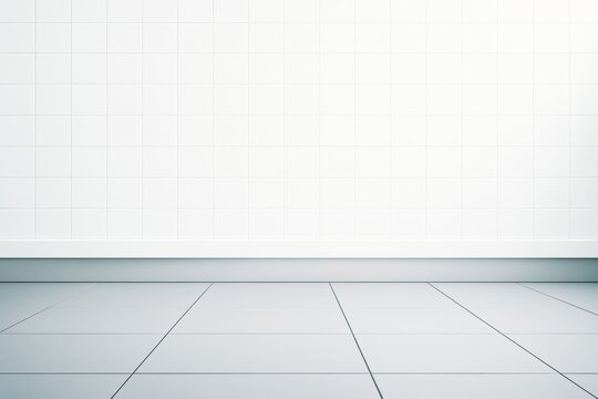 Minimalist tiled interior room with clean white wall and grey floor for modern branding or mockup design presentation concept template space.