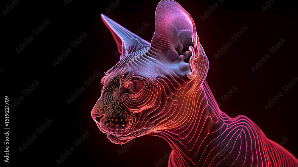 Poster this neon hologram of a cat glows, blending tech and companionship in a futuristic scene.