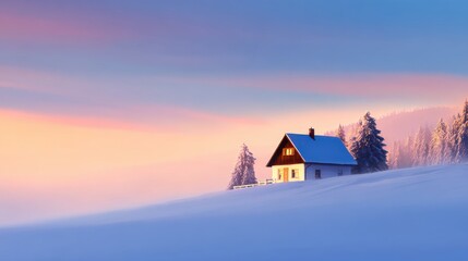 Tranquil winter scene featuring a cozy house amidst a snowy landscape at sunset