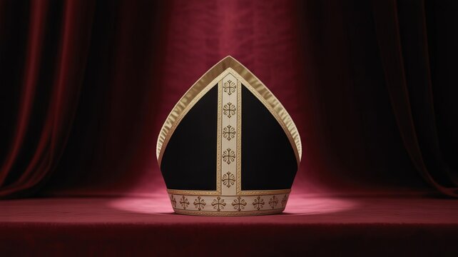 Ceremonial black bishop mitre hat with gold and beige embroidered vertical stripes displayed on red velvet stage under dramatic lighting