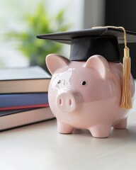 Education Savings Concept with Piggy Bank and Graduation Cap on Books in Bright Study Environment