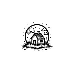 Whimsical black and white illustration of a cozy house under a starry night